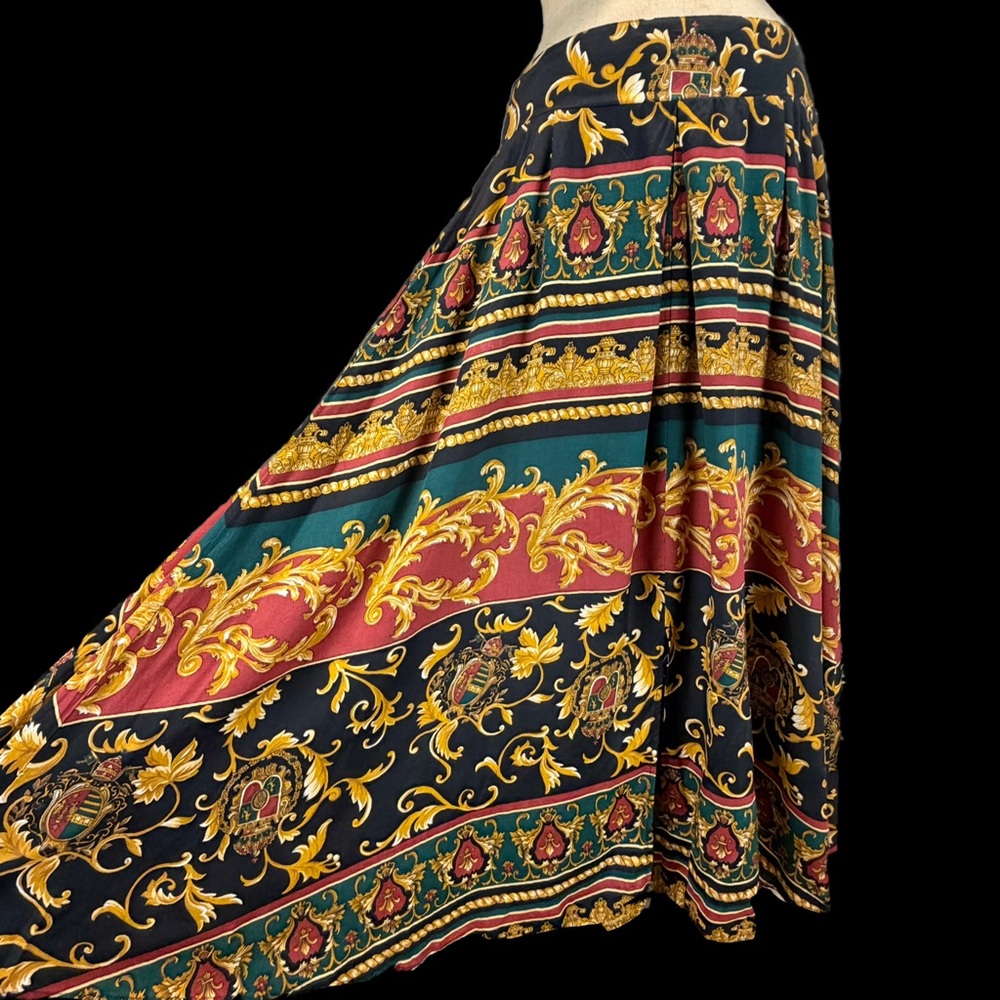 VINTAGE 80s baroque‎ royal crest long maxi skirt elastic waist gold Renaissance